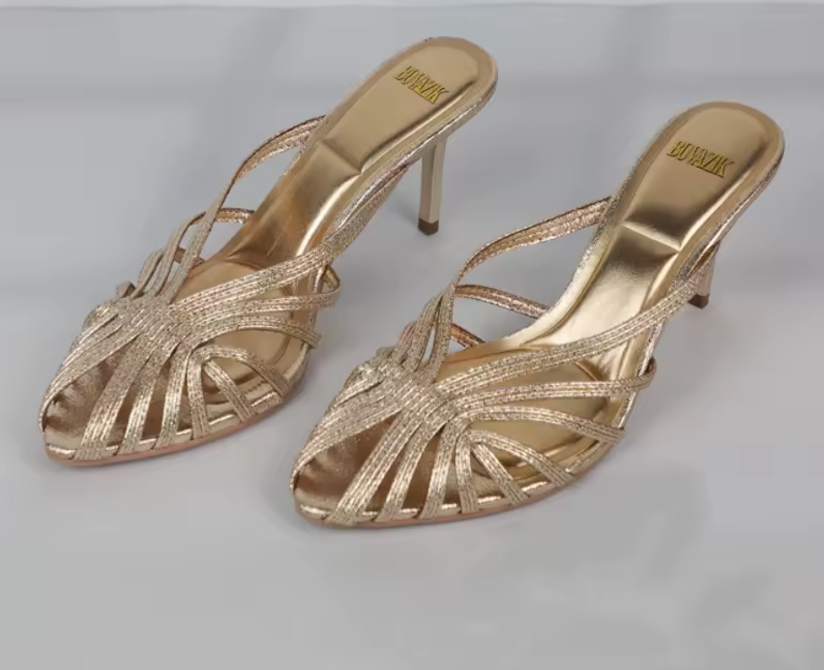 Gold Hollow Thin Strap Pointed-Toe Mule Heels – Metallic Gold Stiletto Sandals – True to Size