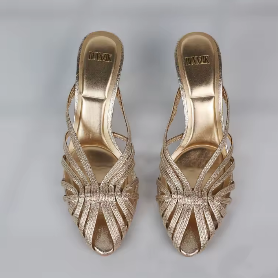 Gold Hollow Thin Strap Pointed-Toe Mule Heels – Metallic Gold Stiletto Sandals – True to Size