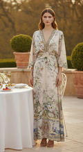 Garden Floral Silk Maxi Dress – V-Neck Batwing Sleeve A-Line Gown – Ivory Multi Print