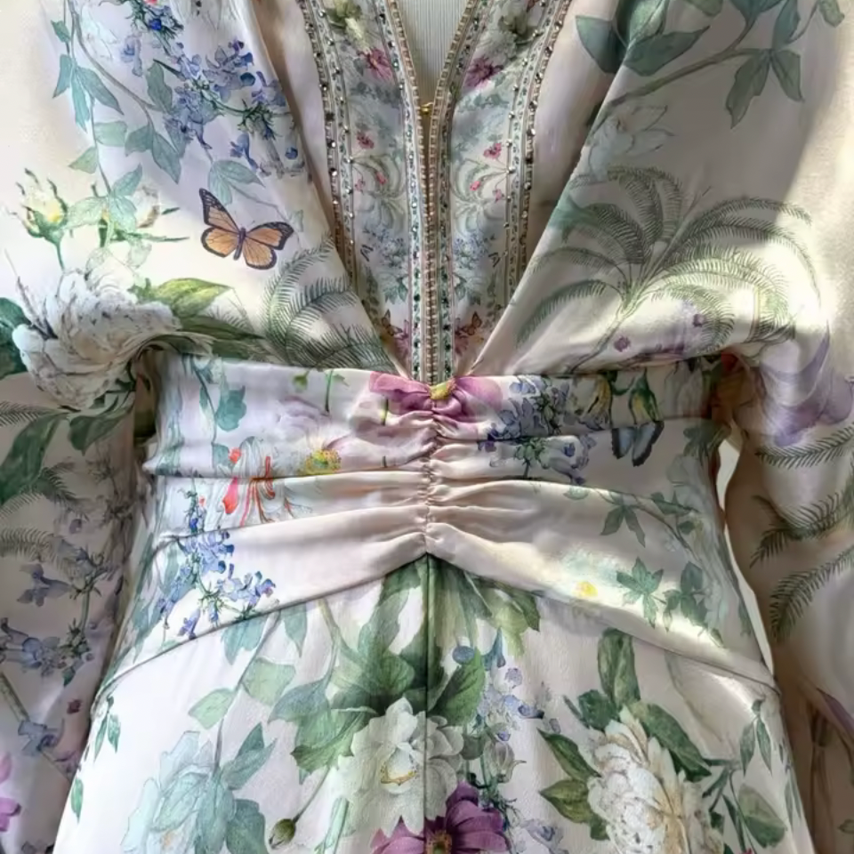 Garden Floral Silk Maxi Dress – V-Neck Batwing Sleeve A-Line Gown – Ivory Multi Print