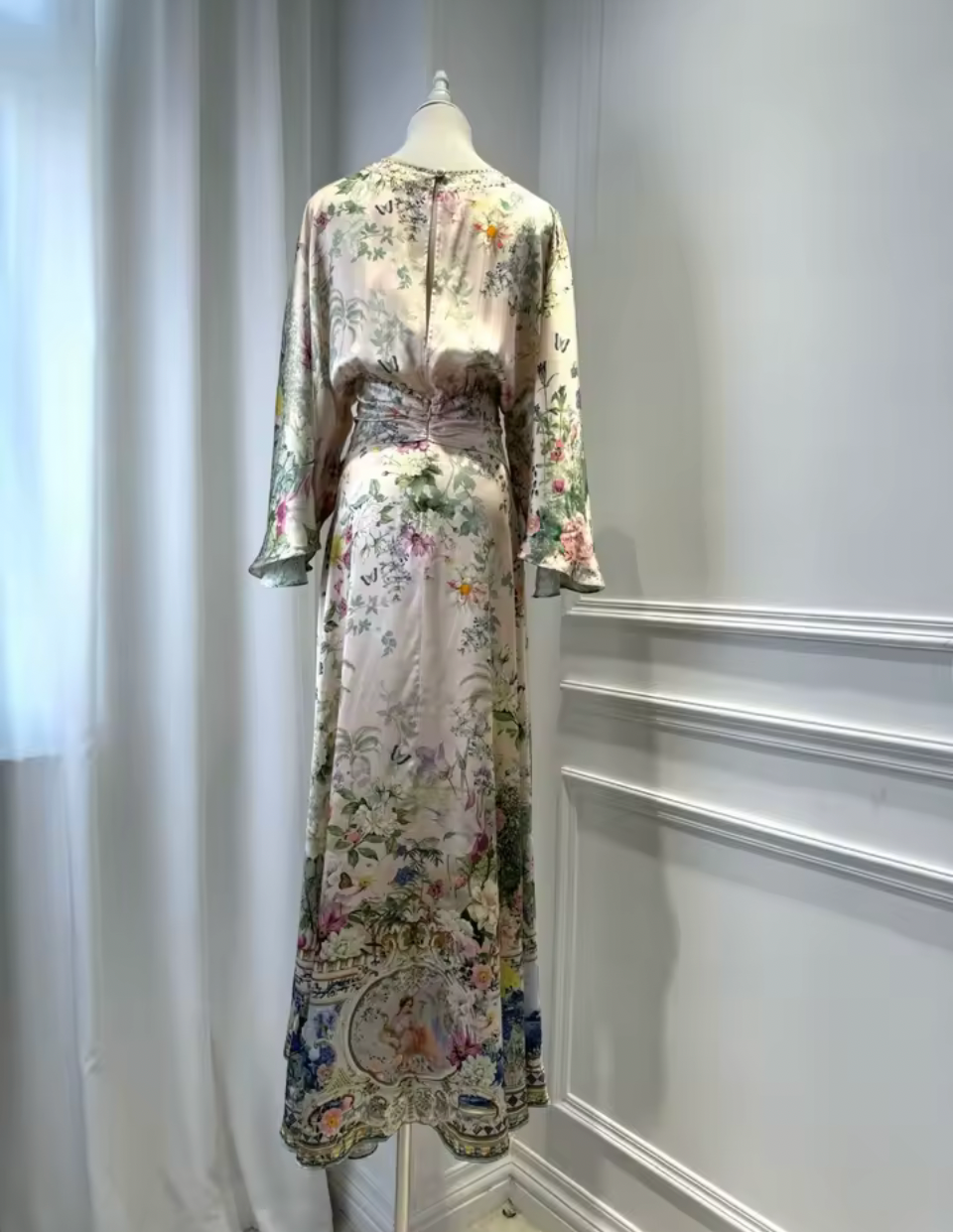 Garden Floral Silk Maxi Dress – V-Neck Batwing Sleeve A-Line Gown – Ivory Multi Print