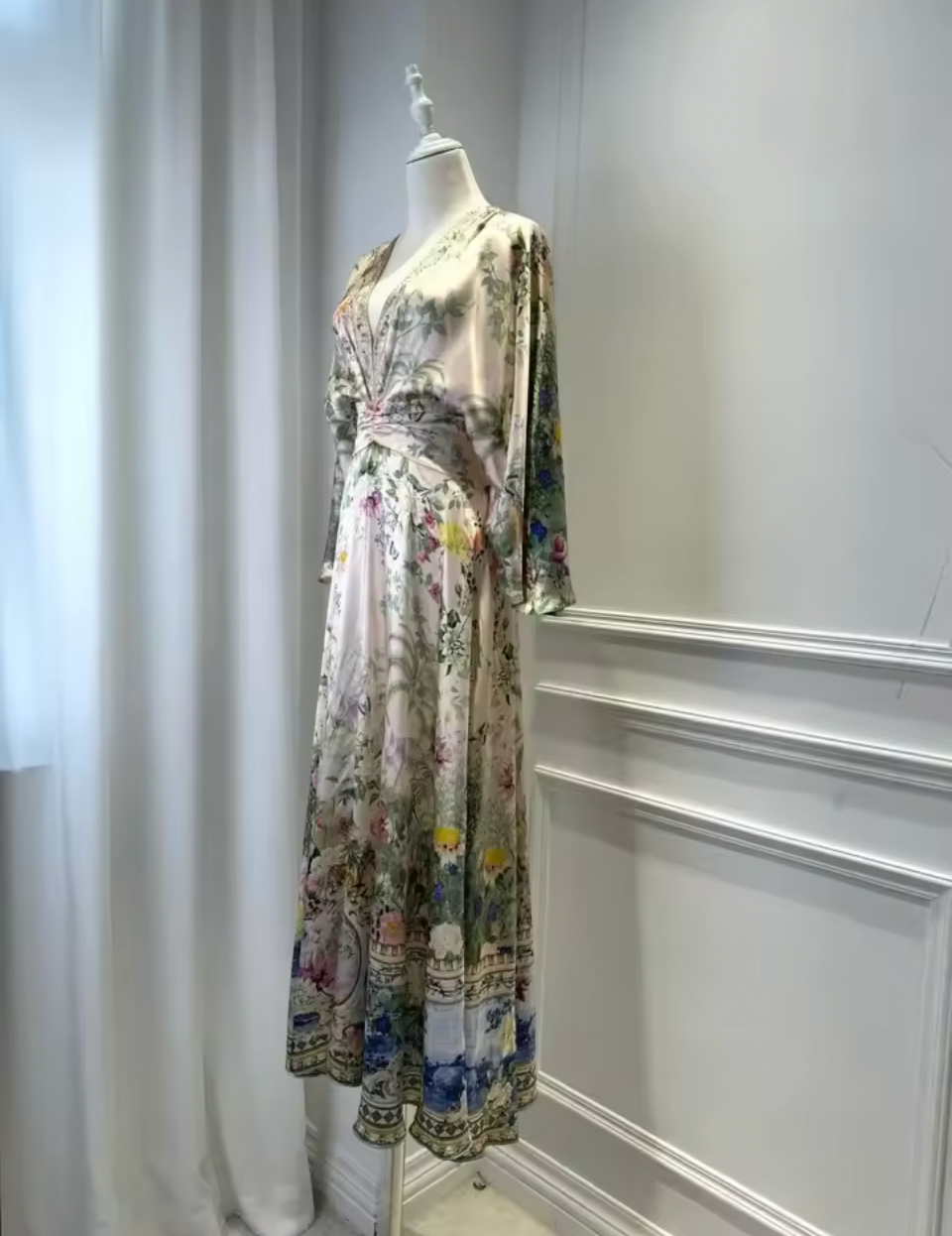 Garden Floral Silk Maxi Dress – V-Neck Batwing Sleeve A-Line Gown – Ivory Multi Print