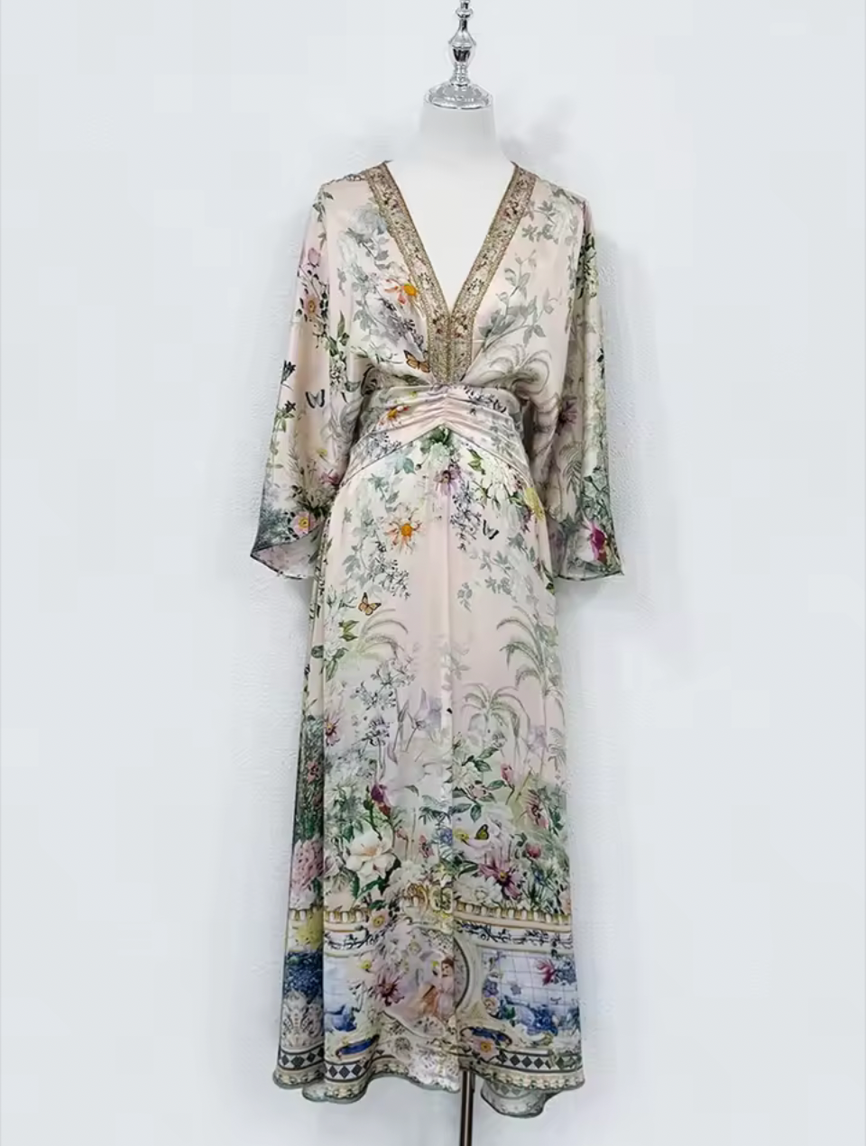 Garden Floral Silk Maxi Dress – V-Neck Batwing Sleeve A-Line Gown – Ivory Multi Print