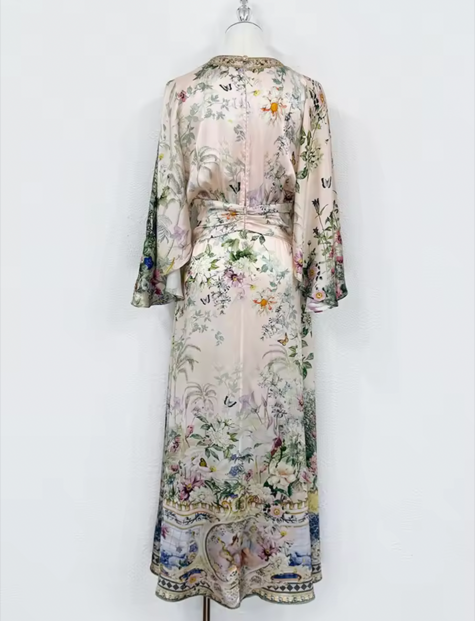 Garden Floral Silk Maxi Dress – V-Neck Batwing Sleeve A-Line Gown – Ivory Multi Print