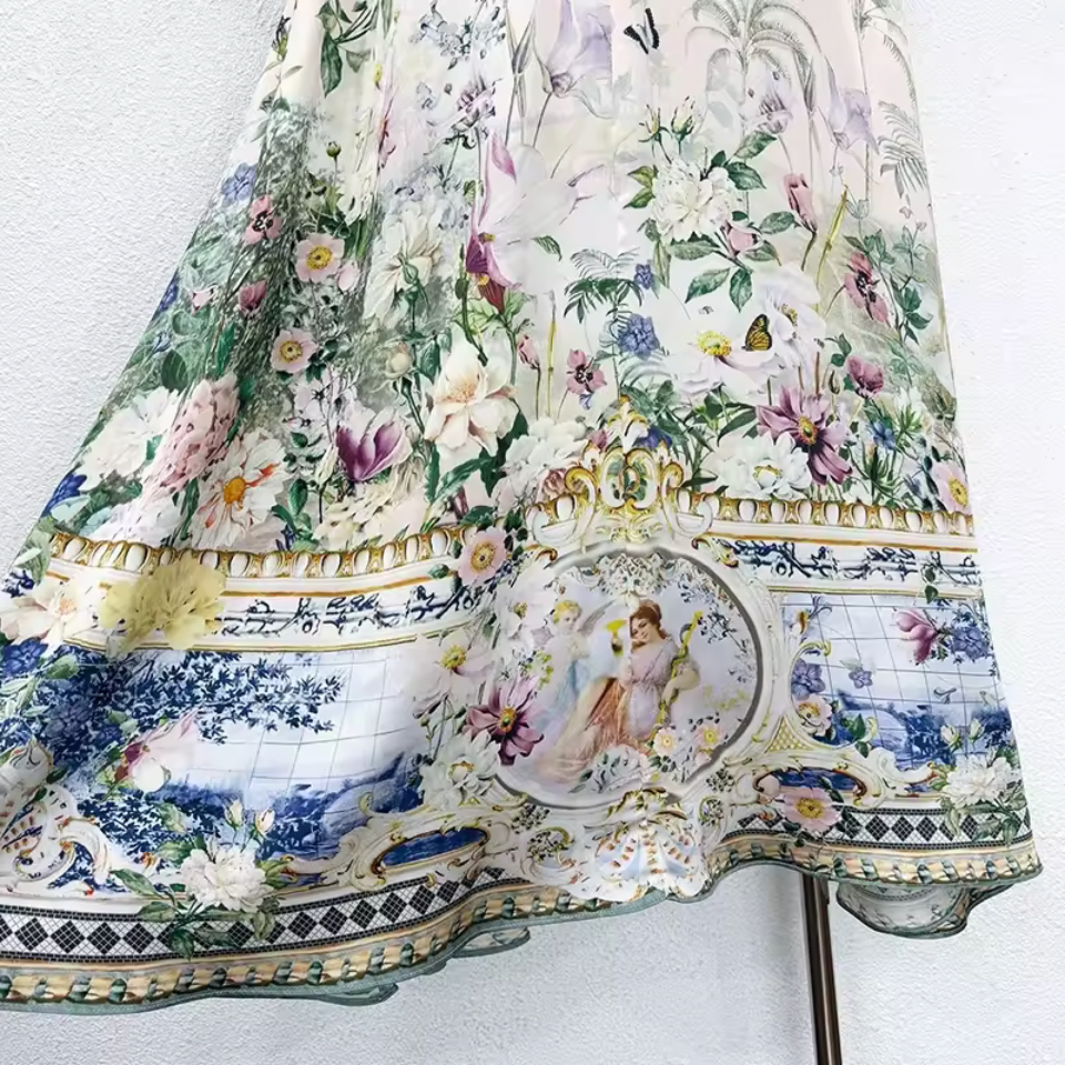 Garden Floral Silk Maxi Dress – V-Neck Batwing Sleeve A-Line Gown – Ivory Multi Print