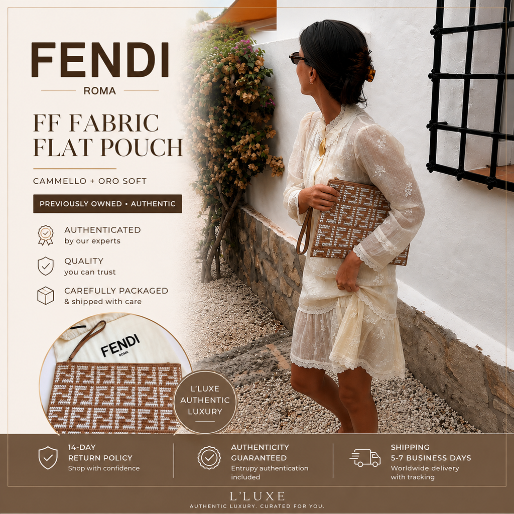 Fendi FF Fabric Flat Pouch Wristlet Cammello Beige & White – Previously Owned Authentic