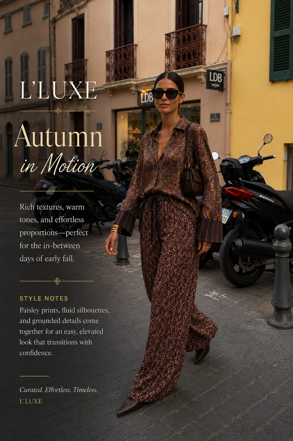 Paisley Satin Shirt & Wide-Leg Pants – Autumn ’26