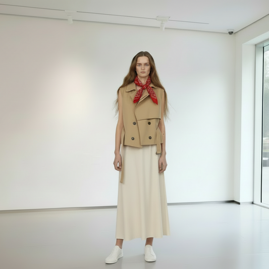 Belted Double-Breasted Khaki Structured Trench Vest | L’LUXE Coats & Jackets