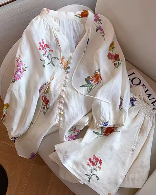 Apricot Floral Sheer Two-Piece Marching Short &  Lantern Sleeve V-Neck Blouse Co-Ord – Resort Summer