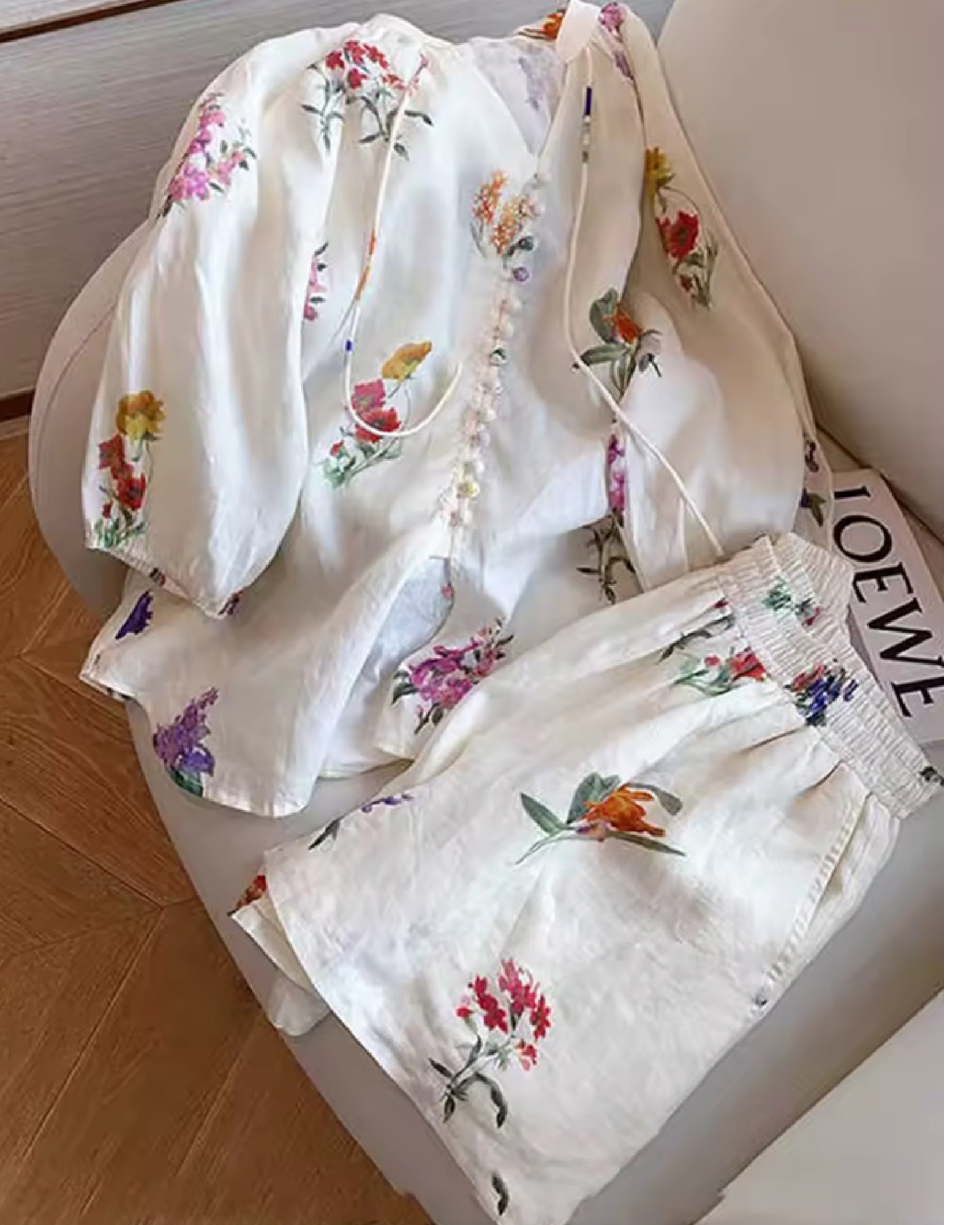 Apricot Floral Sheer Two-Piece Short Set – Lantern Sleeve V-Neck Blouse & Elastic Waist Shorts – Resort Summer Co-Ord