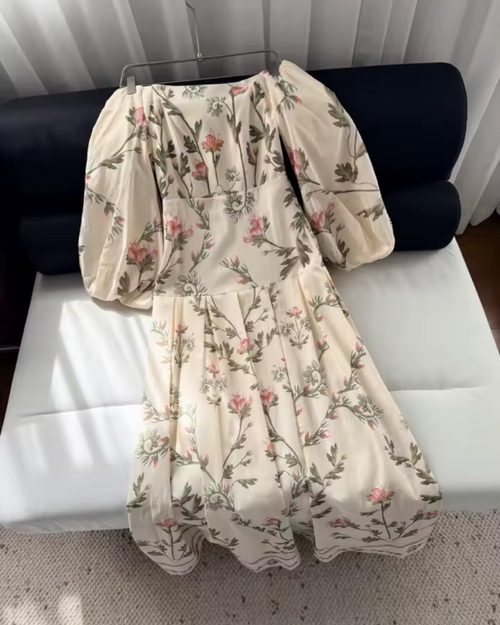 100% Linen Beige Floral Maxi  – Wide Neckline Empire Waist Lantern Sleeve Dress