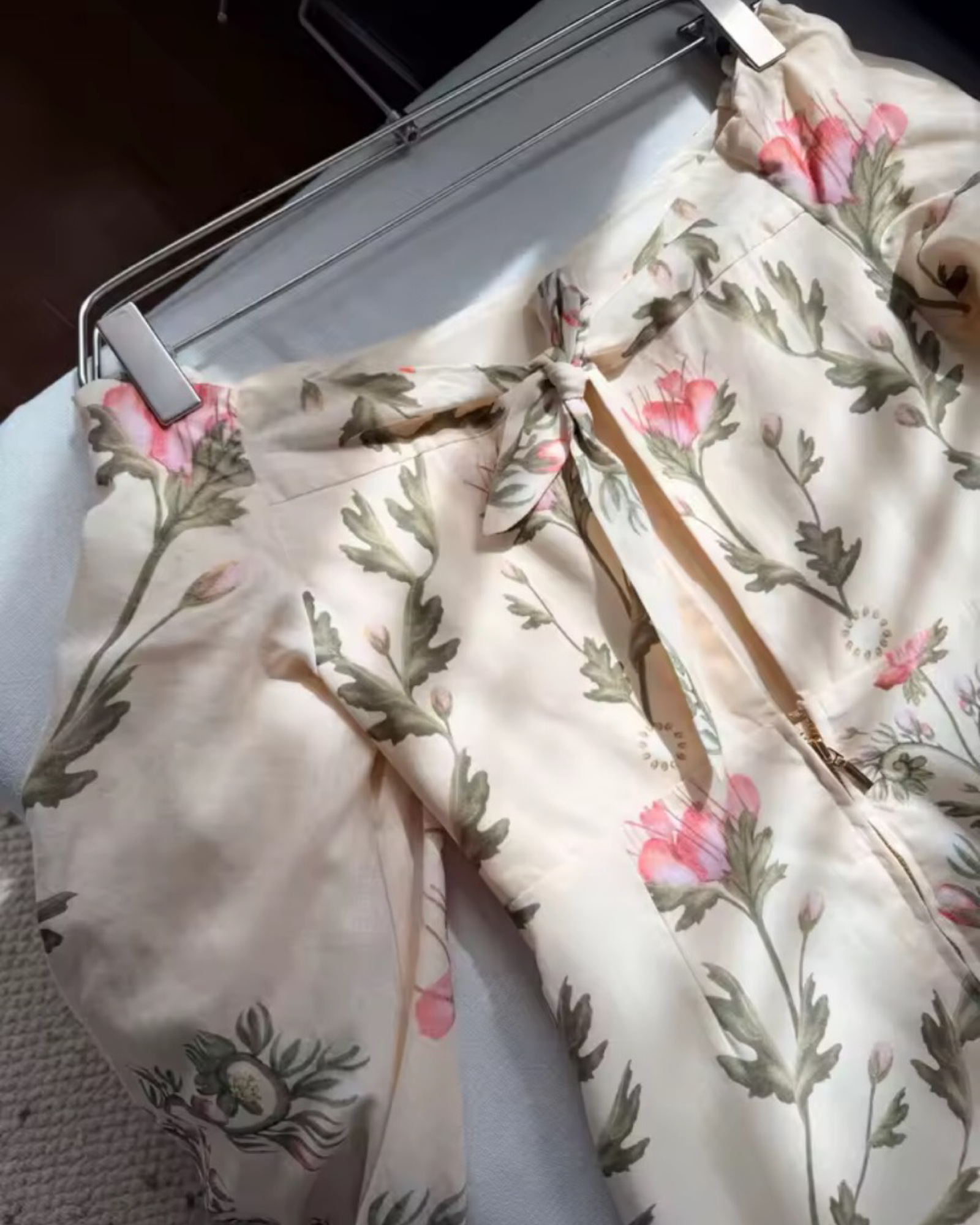 100% Linen Beige Floral Maxi  – Wide Neckline Empire Waist Lantern Sleeve Dress