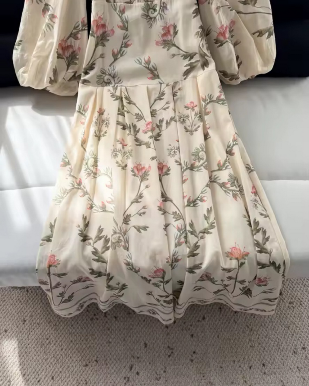 100% Linen Beige Floral Maxi  – Wide Neckline Empire Waist Lantern Sleeve Dress