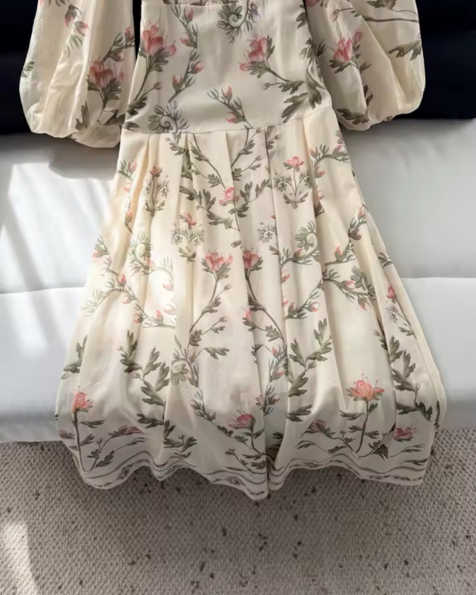 100% Linen Beige Floral Maxi  – Wide Neckline Empire Waist Lantern Sleeve Dress