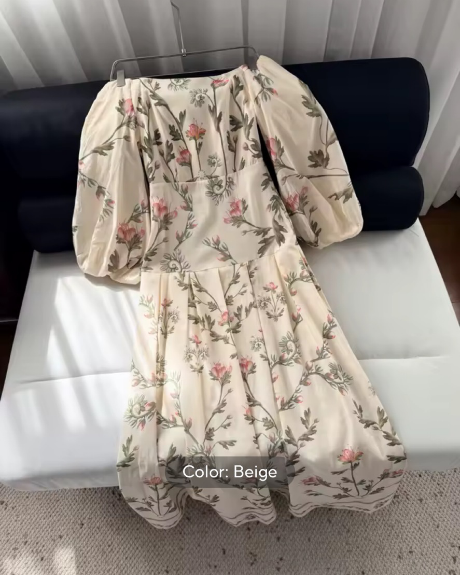 100% Linen Beige Floral Maxi  – Wide Neckline Empire Waist Lantern Sleeve Dress