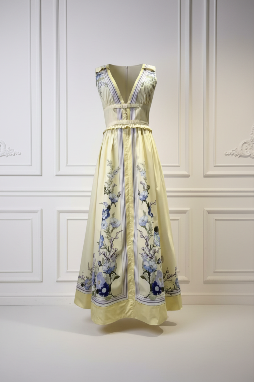 Butter Yellow Floral Print Empire Waist Midi Dress | Sleeveless V-Neck A-Line Dress