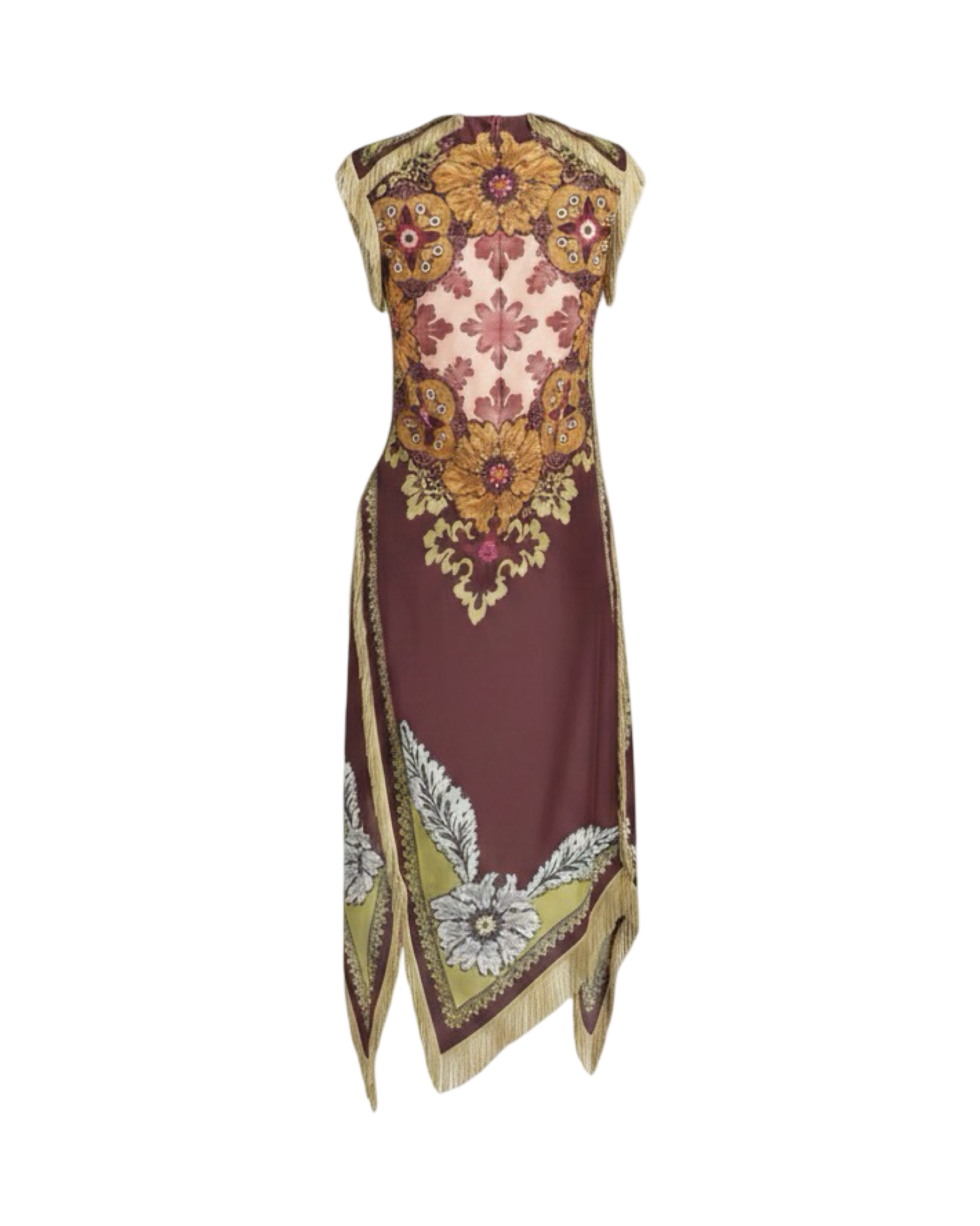 Vintage Print Sleeveless Asymmetrical Midi Dress | Deep Teal  And Burgundy Motifs| Tasseled Hems