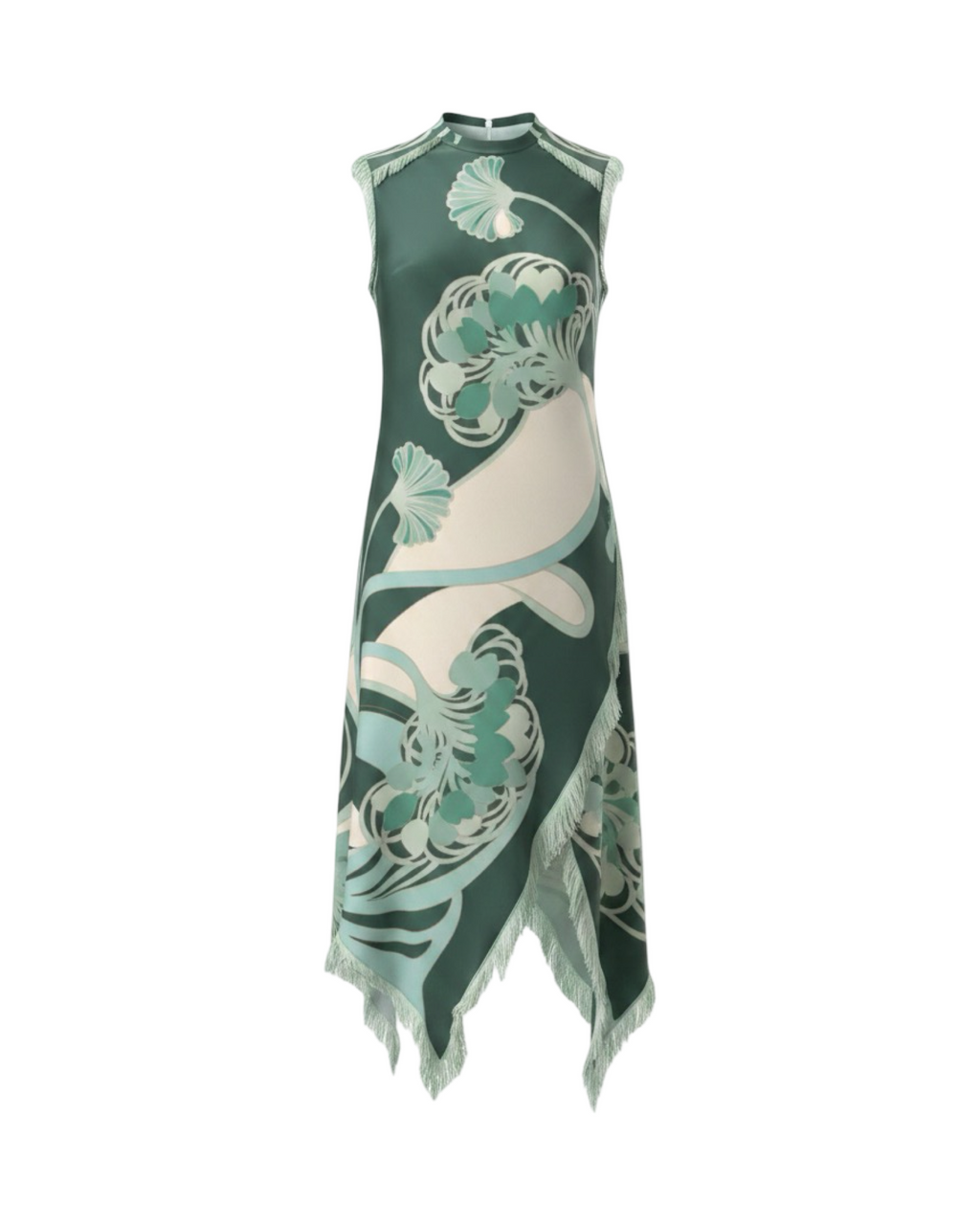 Vintage Print Sleeveless Asymmetrical Midi Dress | Deep Teal  And Burgundy Motifs| Tasseled Hems
