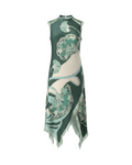 Vintage Print Sleeveless Asymmetrical Midi Dress | Deep Teal  And Burgundy Motifs| Tasseled Hems