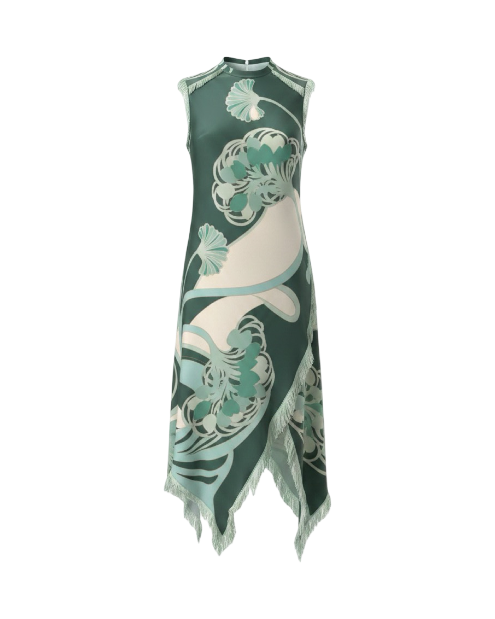 Vintage Print Sleeveless Asymmetrical Midi Dress | Deep Teal  And Burgundy Motifs| Tasseled Hems