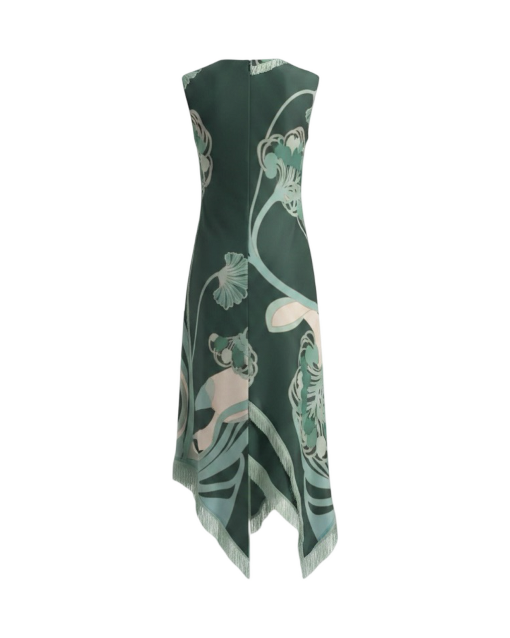 Vintage Print Sleeveless Asymmetrical Midi Dress | Deep Teal  And Burgundy Motifs| Tasseled Hems