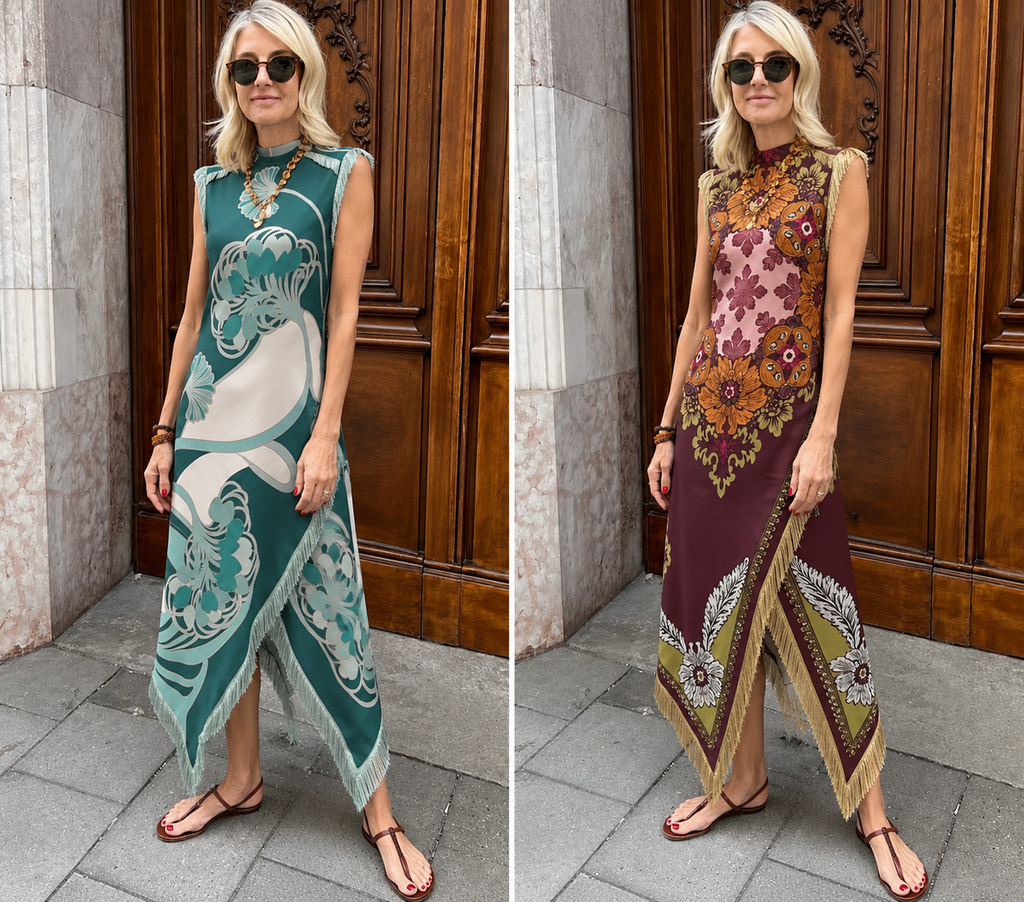 Vintage Print Sleeveless Asymmetrical Midi Dress | Deep Teal  And Burgundy Motifs| Tasseled Hems