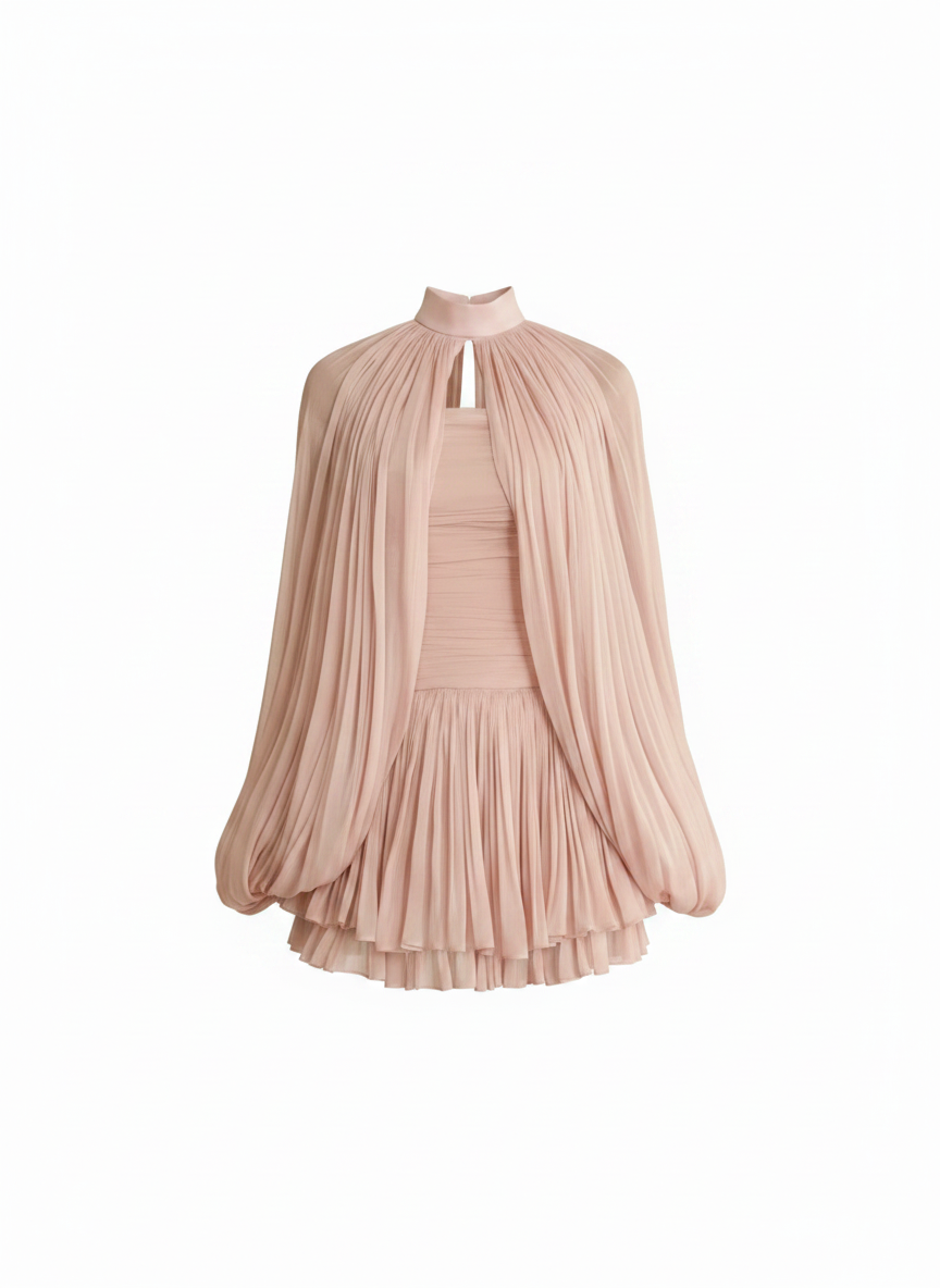Blush Pink Cape Sleeve Pleated Mini Dress | High Collar Draped