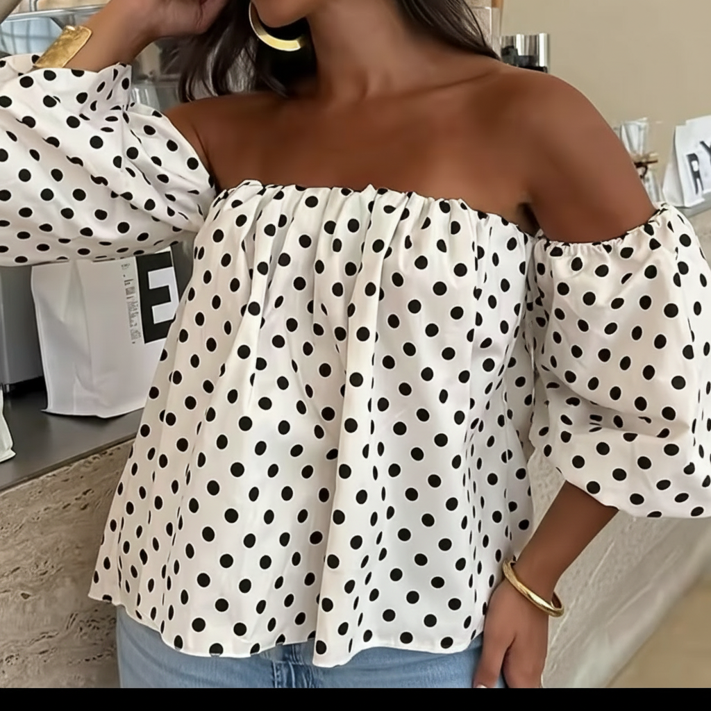 Polka Dot Off-Shoulder Puff Sleeve Blouse – Women’s Relaxed Fit Statement Top
