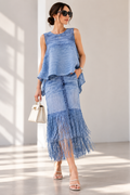 Blue Pleated Fringe Top & Midi Skirt