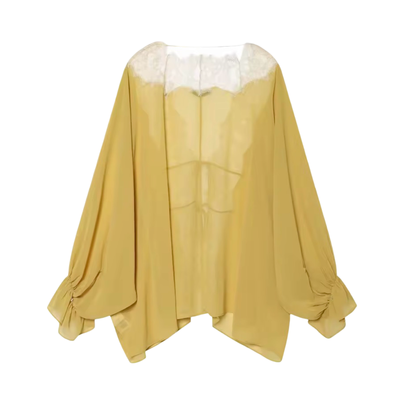Lace Patchwork Lantern Sleeve Tie-Front Blouse | Sheer Loose Fit Statement Top