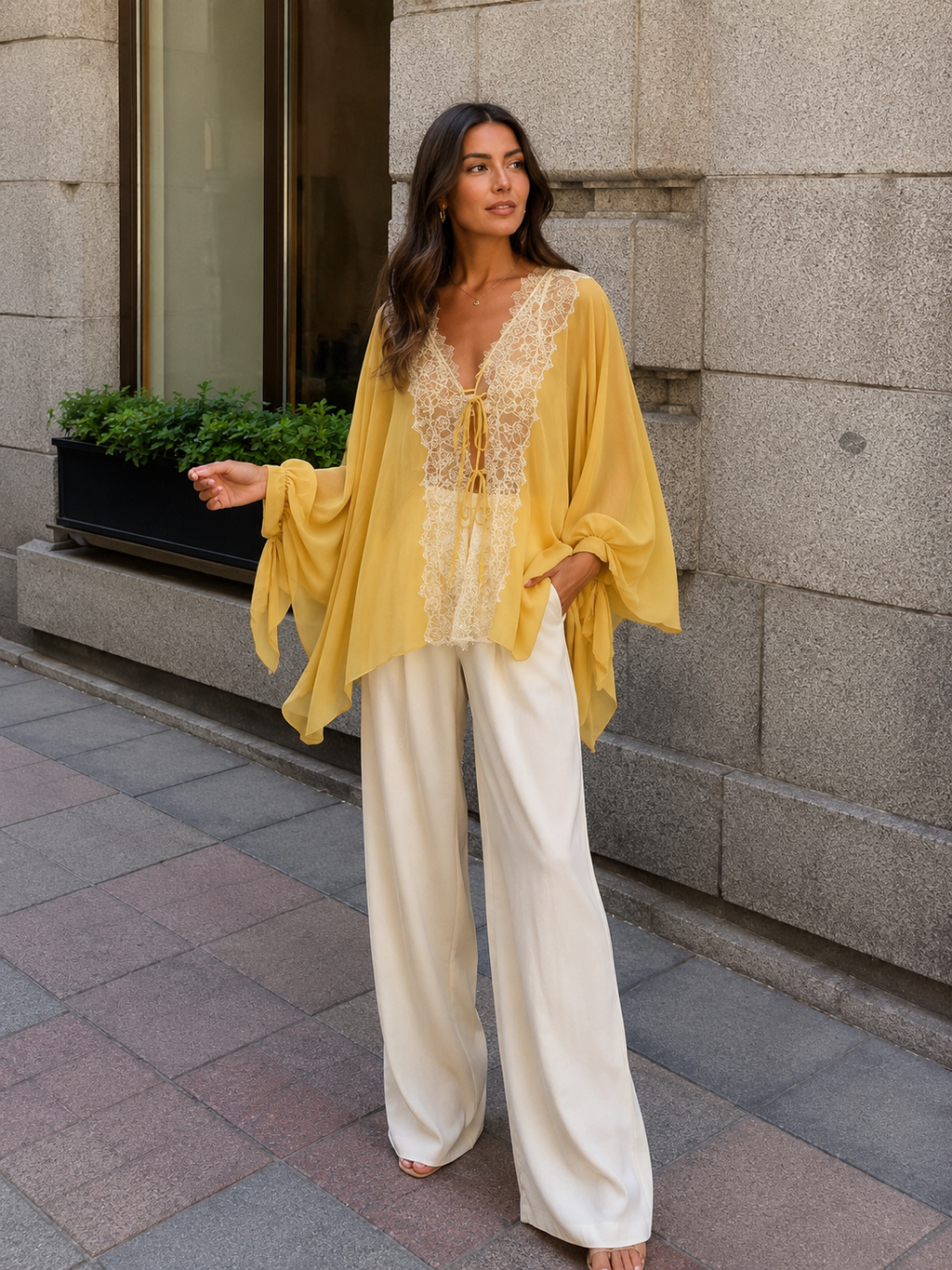 Lace Patchwork Lantern Sleeve Tie-Front Blouse | Sheer Loose Fit Statement Top