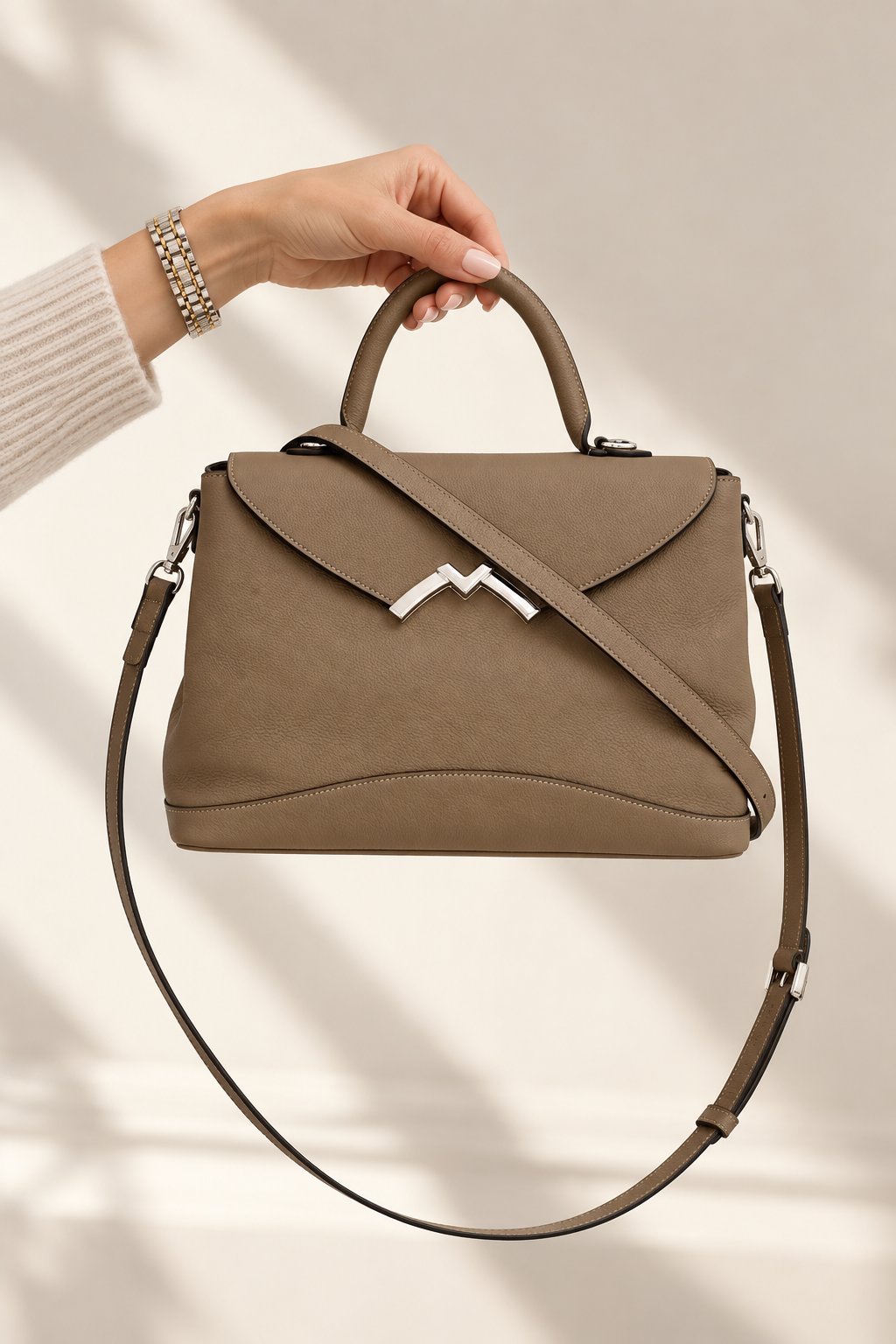 Moynat Gabrielle Taupe Grained Leather 2-Way Handbag – Previously Owned
