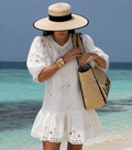 Ivory Embroidered Puff Sleeve Mini Dress – Cotton Blend A-Line O-Neck Dress
