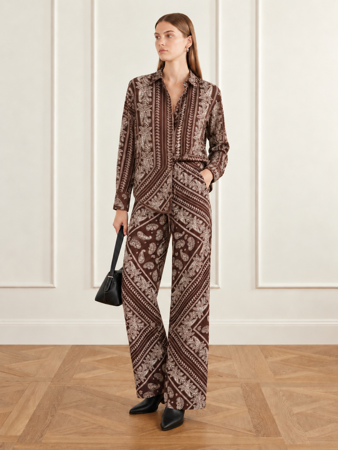 Paisley Print Relaxed Shirt & Wide-Leg Pants – Brown