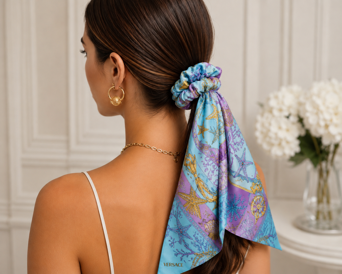 VERSACE – Trésor de la Mer Silk Scrunchie with Long Ribbon – Light Blue, Purple & Multicolor – 100% Silk – Made in Italy – 100% Authentic | Previously Owned
