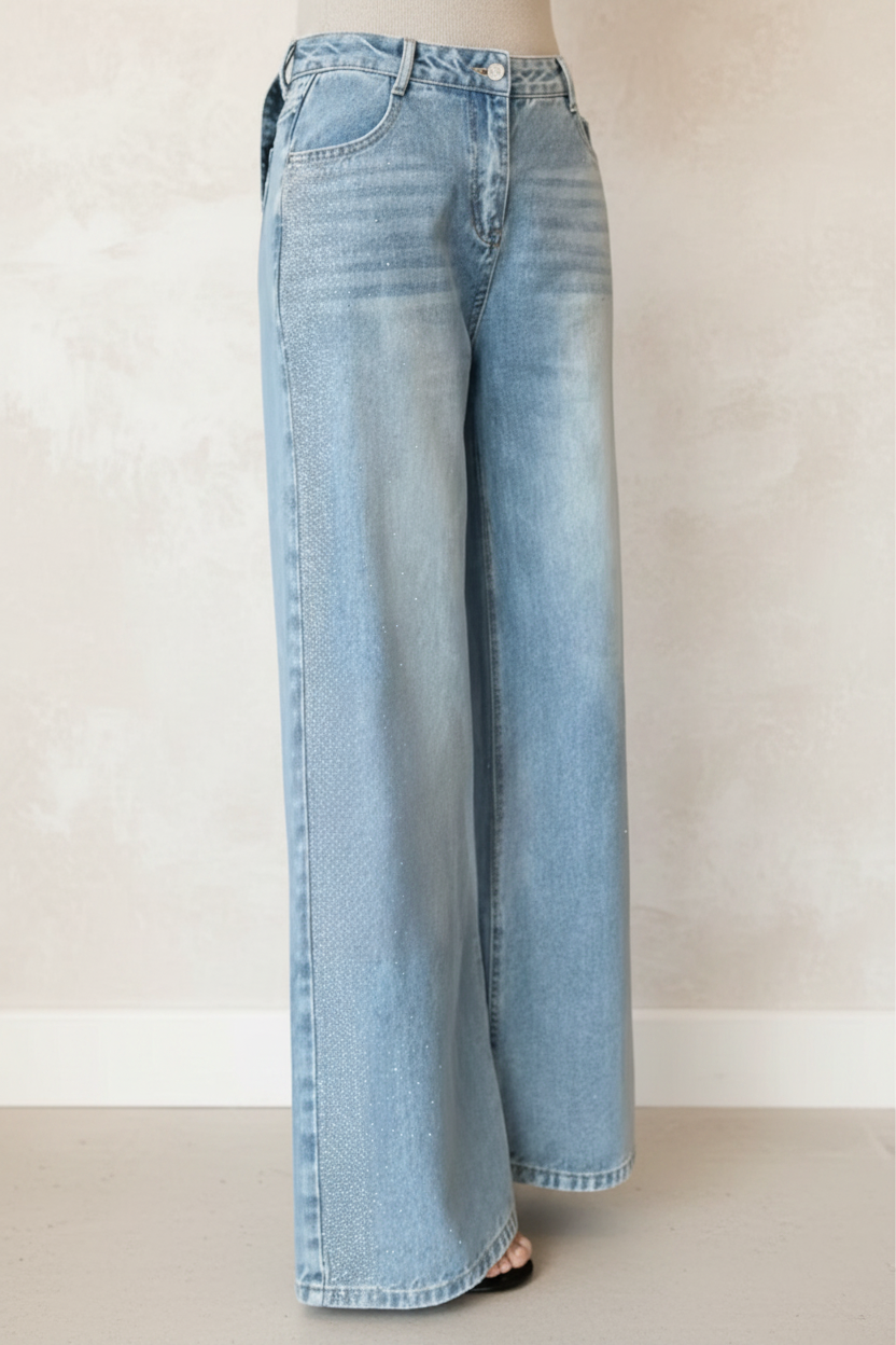 Bow Back Wide Leg Jeans | Rhinestone Detail High Waist Denim Pants