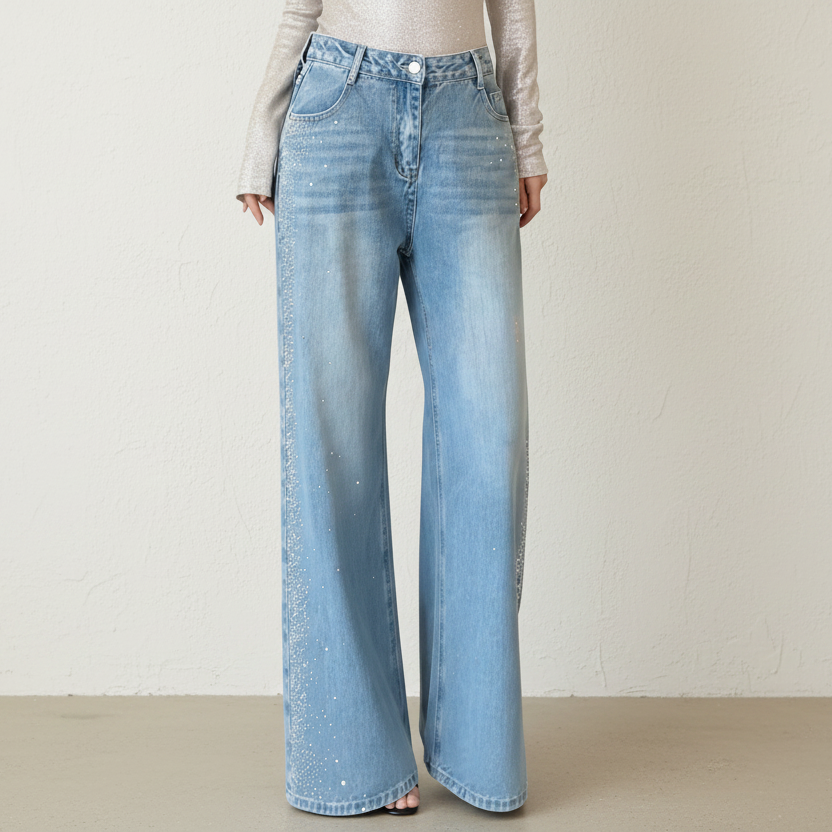 Bow Back Wide Leg Jeans | Rhinestone Detail High Waist Denim Pants