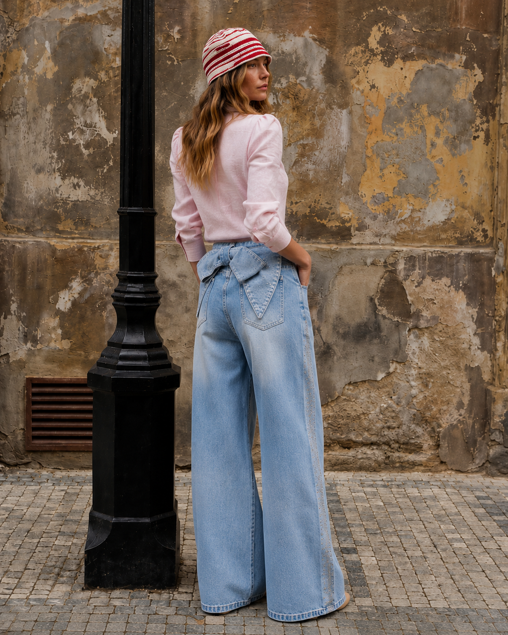 Bow Back Wide Leg Jeans | Rhinestone Detail High Waist Denim Pants