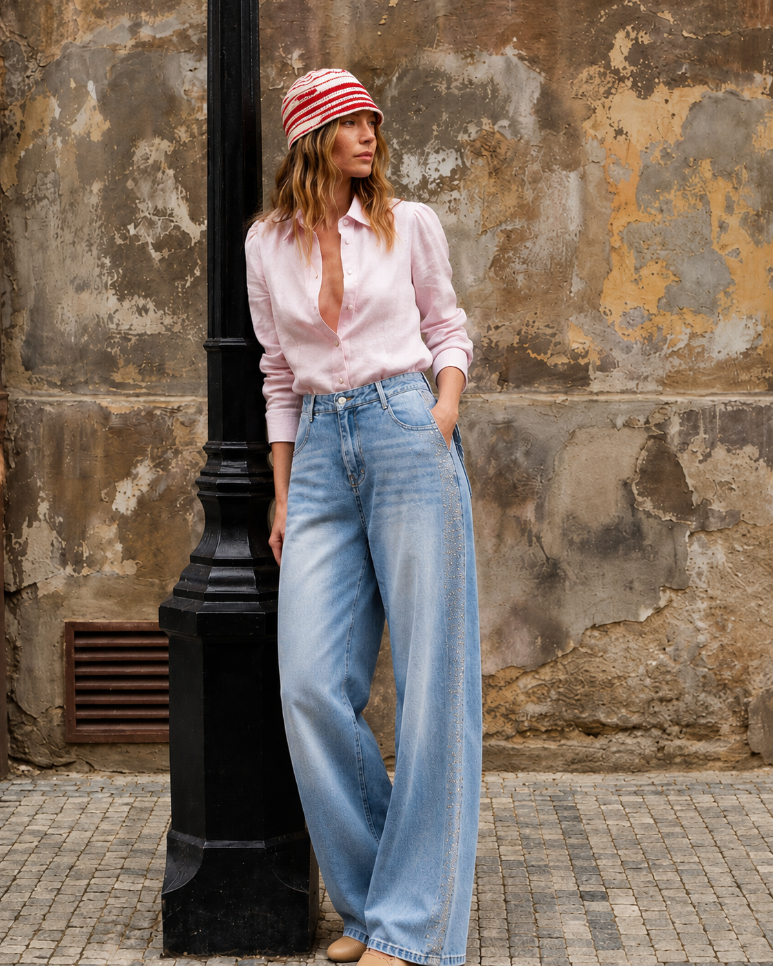 Bow Back Wide Leg Jeans | Rhinestone Detail High Waist Denim Pants