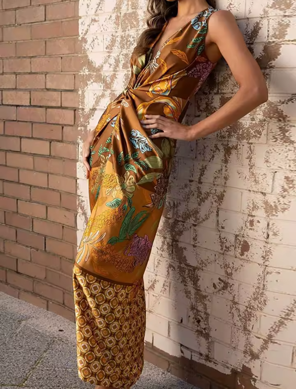 Tropical Twist Front Printed Maxi Dress – Deep V-Neck