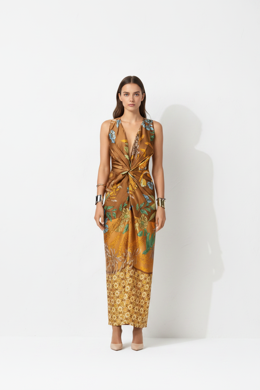Tropical Twist Front Printed Maxi Dress – Deep V-Neck