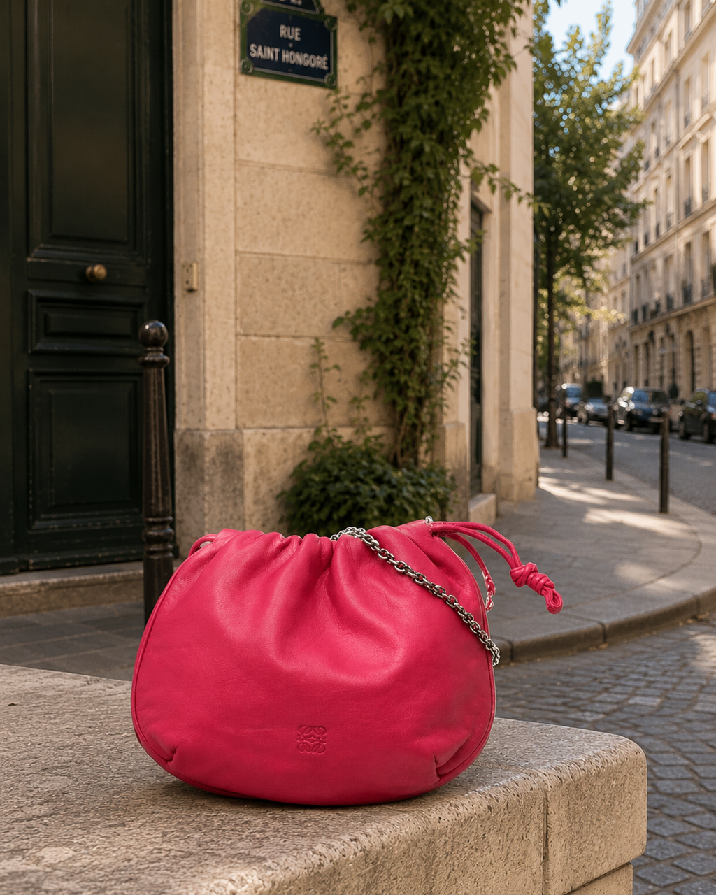 LOEWE Anagram Drawstring Chain Shoulder Bag Pink Leather Previously Owned Authentic