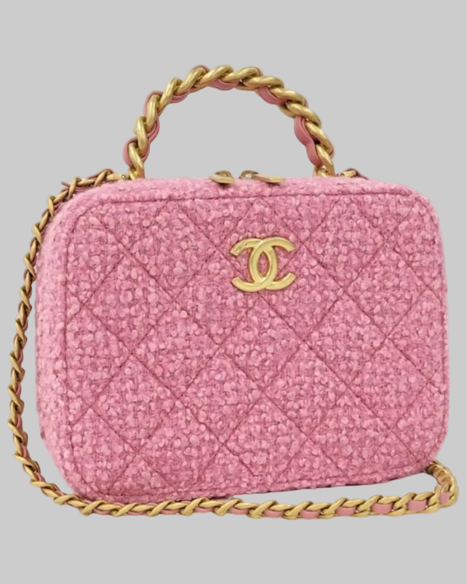 CHANEL Coco Mark 2-Way Top Handle Chain Bag Pink Tweed Gold Hardware Near Unused Previously Owned Authentic