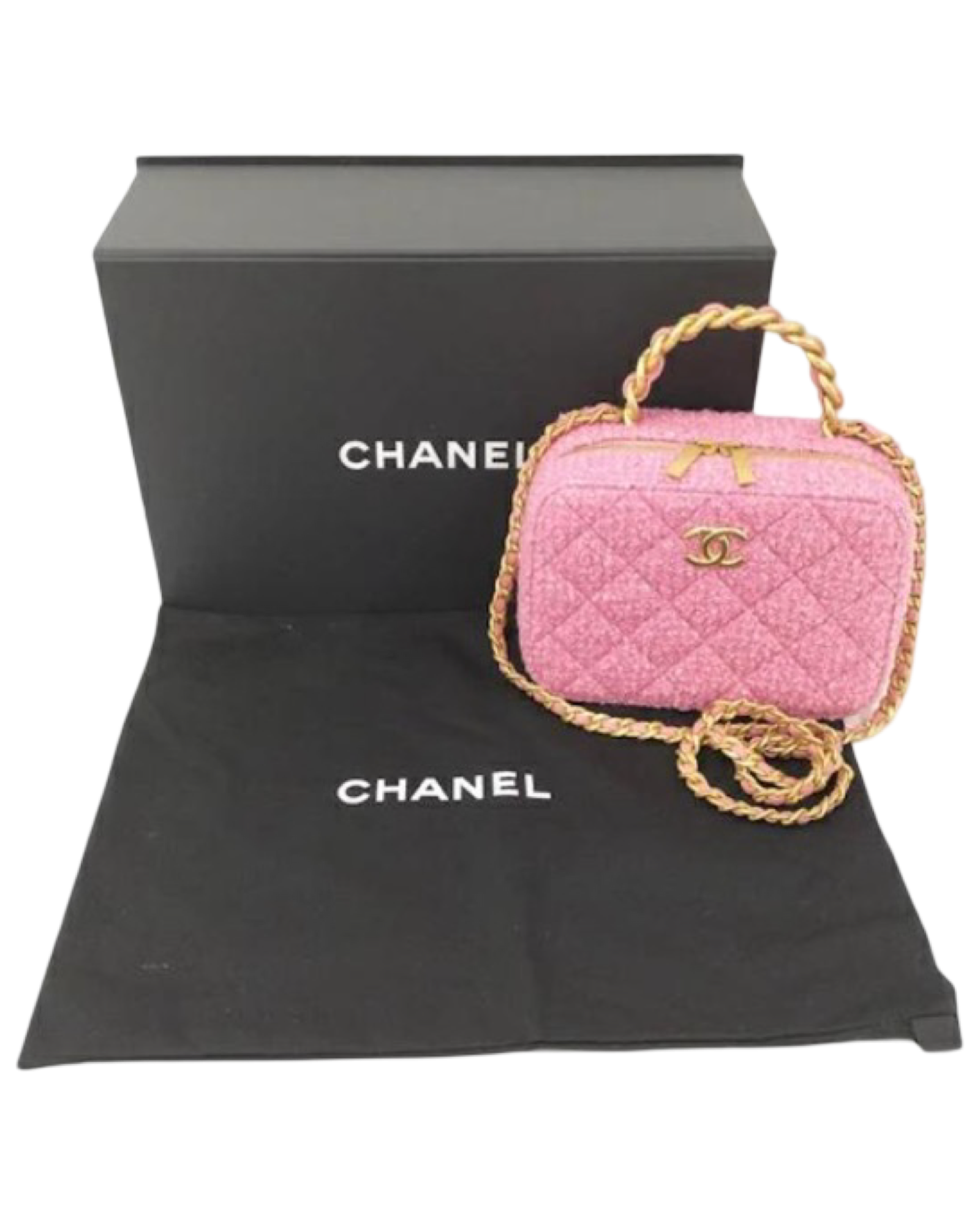 CHANEL Coco Mark 2-Way Top Handle Chain Bag Pink Tweed Gold Hardware Near Unused Previously Owned Authentic