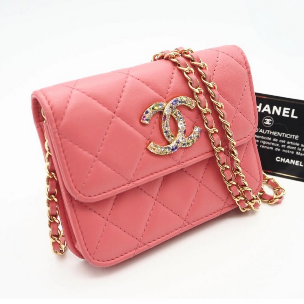 CHANEL Matelassé Bijou Lambskin Chain Shoulder Bag Pink – Crystal CC Mini Crossbody | Authentic-Previously Owned