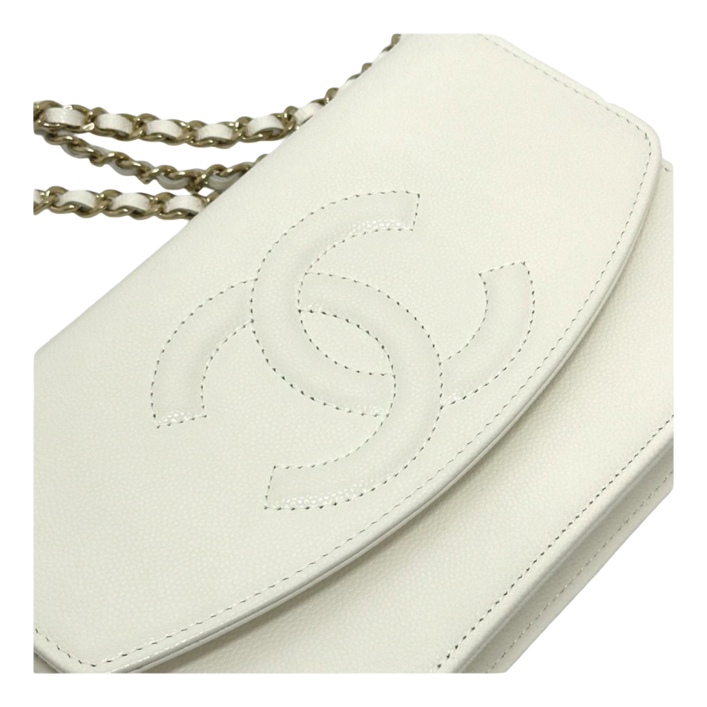 Chanel White Caviar Métiers d’Art Coco Mark Chain Wallet Authentic Previously Owned