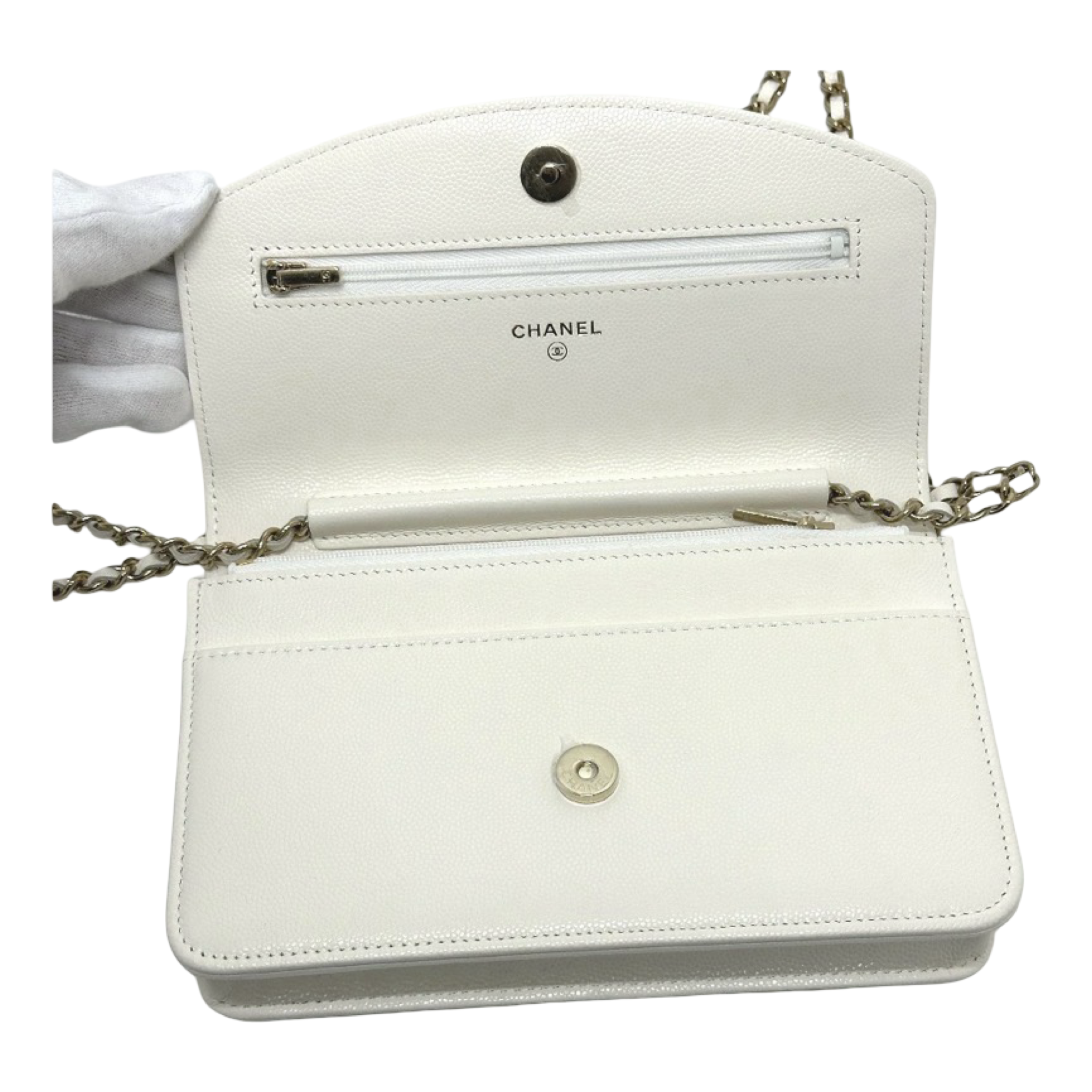Chanel White Caviar Métiers d’Art Coco Mark Chain Wallet Authentic Previously Owned