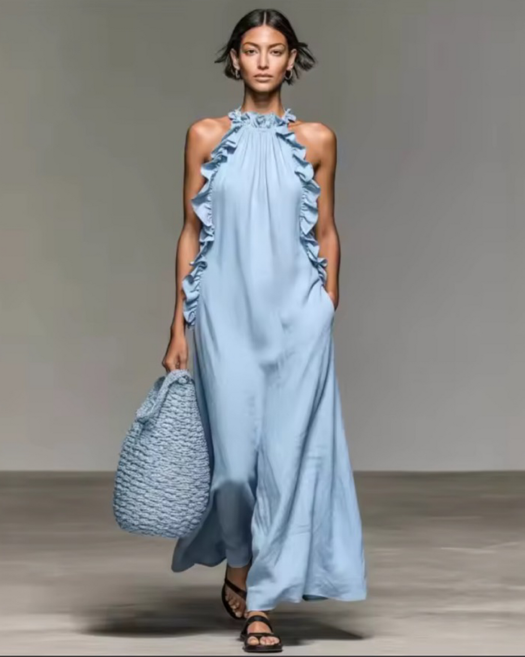 Halter Neck Flounce Maxi Dress | Sleeveless A-Line Dress