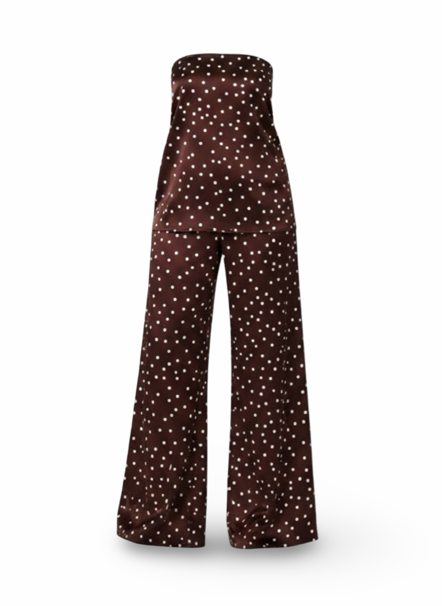 Satin Strapless Two-Piece Pant co-Ord Outfit– Off-White , Black, Brown with White Polka Dot