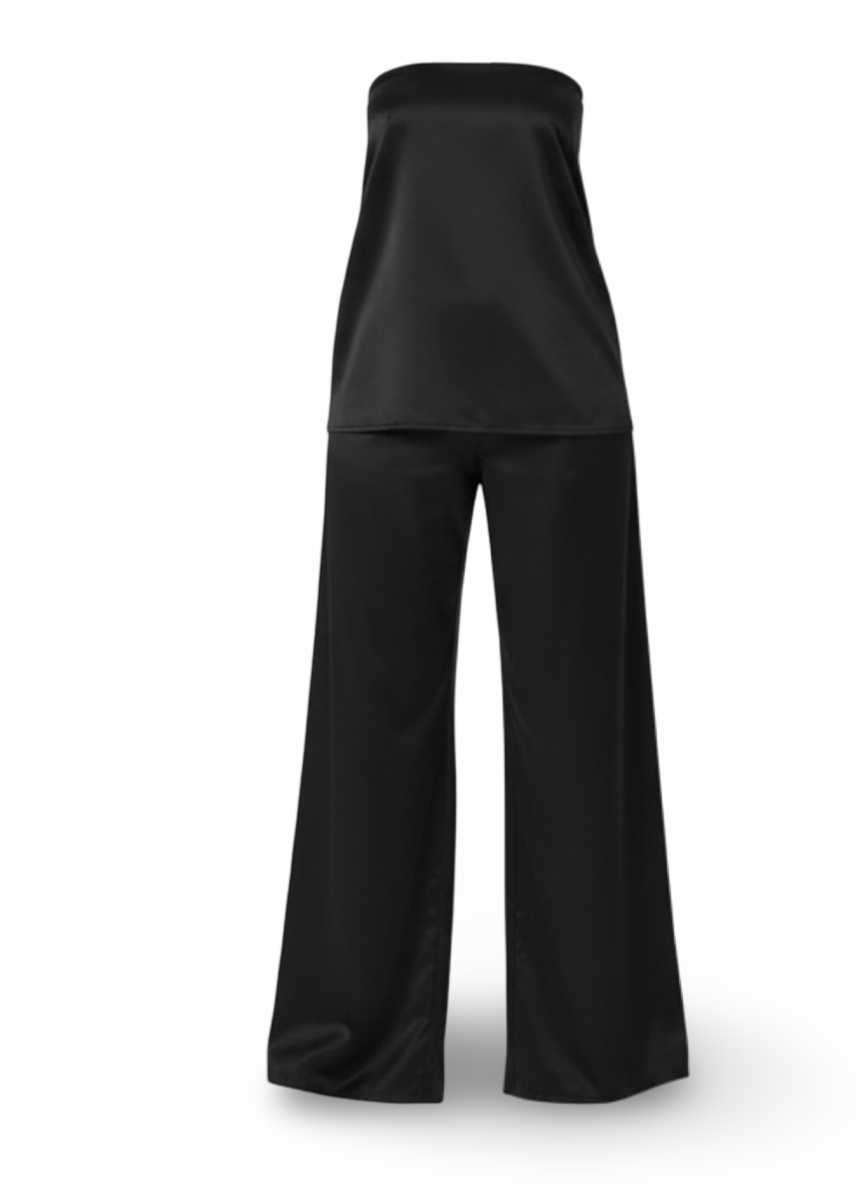 Satin Strapless Two-Piece Pant co-Ord Outfit– Off-White , Black, Brown with White Polka Dot